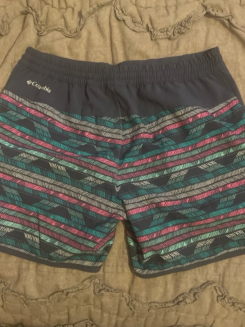 Columbia Kids Navy Swim Trunks with Teal & Pink Stripes